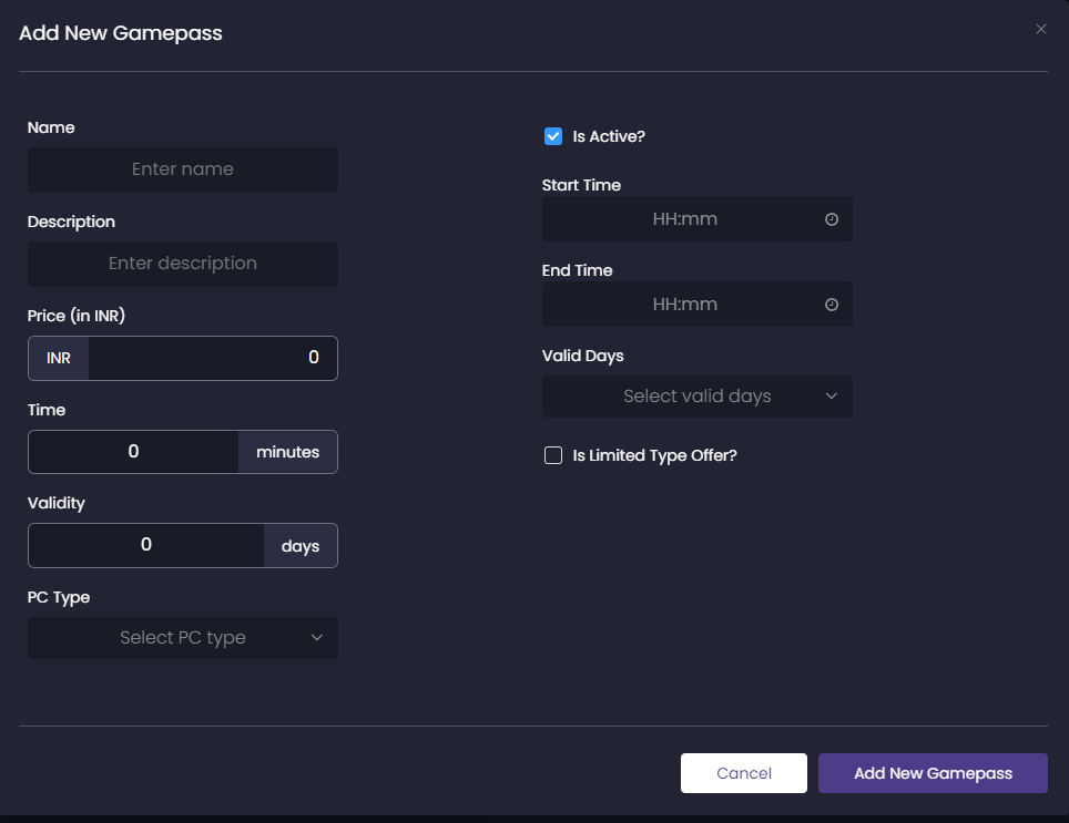 Form for adding a new GamePass