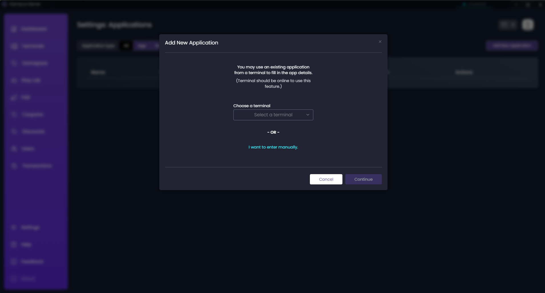 Choosing a terminal to add an application