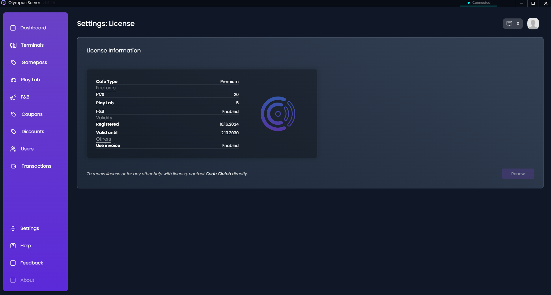 Settings &gt; License tab