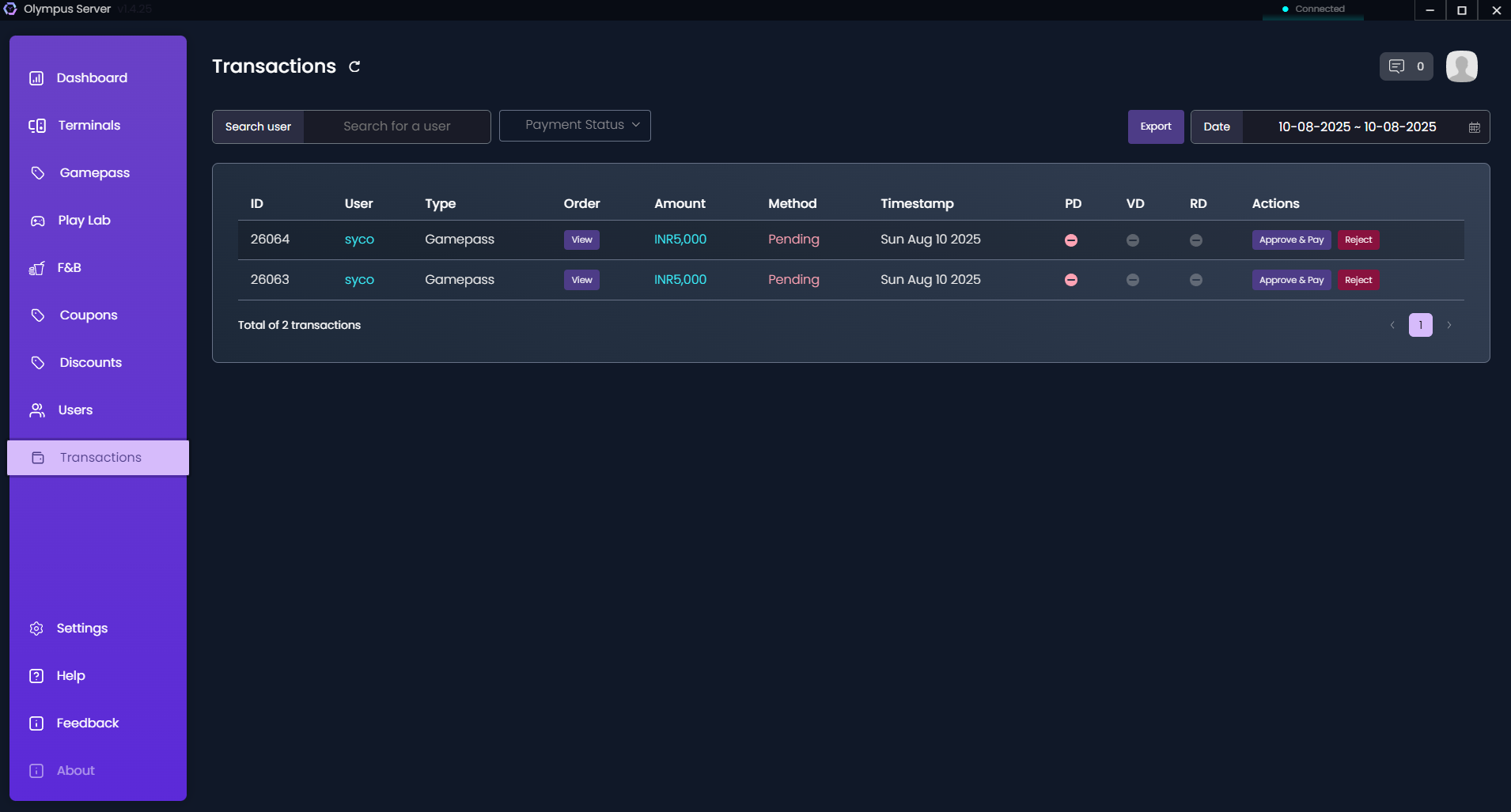 The Transactions page